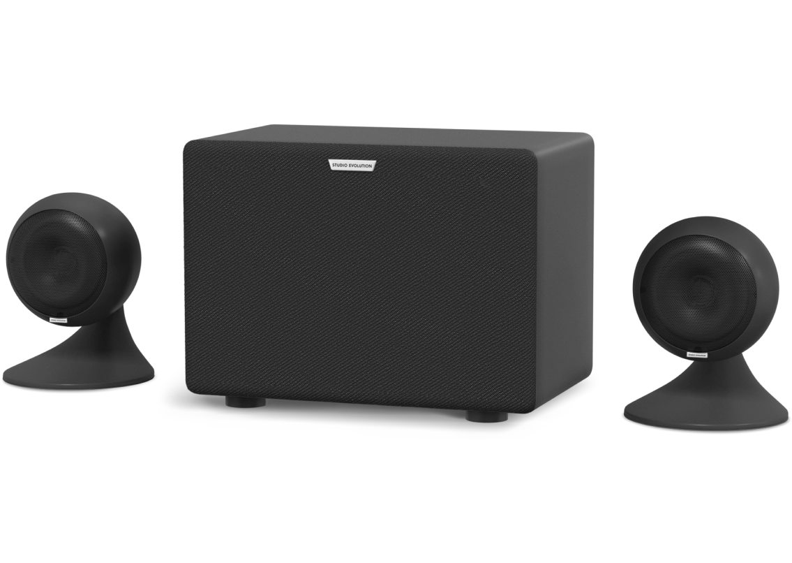 задняя панель черного сабвуфера аудиосистемы evosound sphere